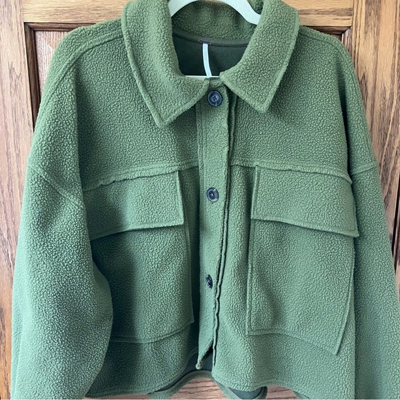 Free People Olive Green Button Up Fleece James Jacket Size L - Picture 3 of 16